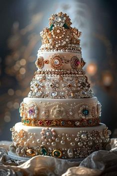 a wedding cake with pearls and jewels on it