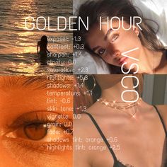 a collage of photos with the words golden hour and an image of a woman's eye