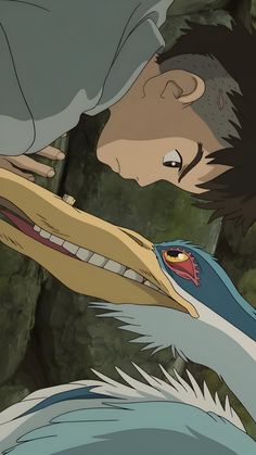 an animated image of a person kissing a bird