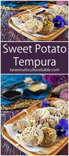 Sweet Potato Tempura on a rectangular basket with purple pansies. Tempura Sweet Potato, Sweet Potato Tempura, Tempura Dipping Sauce, Korean Sweet Potato, Tempura Recipe, Honey Mustard Dipping Sauce, Mustard Dipping Sauce, Sweet Potato Waffles, Sweet Potato Slices