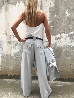 "Women Stylish Pants - wide-leg trousers with mid waist and asymmetric closure. Made from Italian Cotton and Wool. ■ All of our orders are shipped with DHL for FREE. Once we make your order, it will be with you in up to 2 days using the steller and award-winning international shipping services of DHL ■ ConceptBG is your perfect choice for incredible & unique style. Each item is made to order according to the size you pick, we do not hold stock. ■ SIZING ■ This piece comes in sizes from XS to Wide-leg Pants For Office In Spring, Spring Wide-leg Office Pants, Spring Office Wide-leg Pants, Wide Leg Pants With Belt Loops For Summer Workwear, Wide Leg Dress Pants With Welt Pockets For Spring, Versatile Wide Leg Dress Pants With Pockets, Versatile Wide Leg Trousers With Welt Pockets, Chic Wide-leg Pantsuit With Welt Pockets, Summer Wide Leg Pants For Workwear With Belt Loops