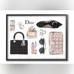 a black and white framed poster with various items on it, including a handbag