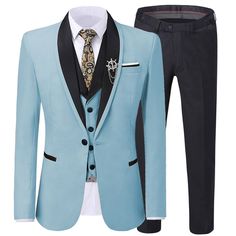 Package Includes: 1 x Jacket - 1 x Waistcoat - 1 x Pant

Indulge in the ultimate luxury of a tailor-made suit, with our custom sky blue suit, meticulously hand-stitched to your precise measurements. Using the finest Italian fabric and constructed with half-canvas construction, the suit's customized fit and premium fabric will complement your personality perfectly. The sky blue color palette of the suit exudes an air of elegance while the black lapels and black buttons add a touch of sophisticati Tailored Blue Tuxedo Suit, Blue Tailored Tuxedo Suit, Blue Single Breasted Tuxedo In Suiting Fabric, Tailored Blue Single Breasted Tuxedo, Tailored Single Breasted Blue Tuxedo, Blue Single-breasted Tuxedo In Suiting Fabric, Elegant Light Blue Business Outerwear, Blue Tuxedo Three-piece Suit, Blue Three-piece Suit With Single Button And Notch Lapel