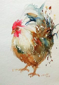 a watercolor painting of a rooster on white paper