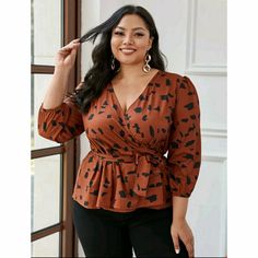 Brown & Black Print Wrap Top With Sash Peplum Top Outfits Dressy, Peplum Top Outfits Work, Blouses For Women Casual Classy, Chiffon Tops Blouses Classy, Chiffon Tops For Women Trendy, Office Wear Shirt, Peplum Top Outfits, Chiffon Blouses Designs, Clothes For Plus Size