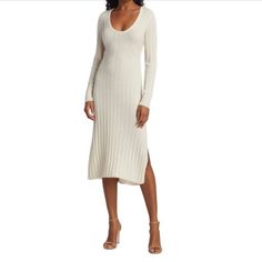 Brand New Nwt This Ribbed Midi Dress Features A Scoopneck And A Show-Stopping Open Back. Color: Winter White Scoopneck Long Sleeves Tieback Open Back 55% Nylon, 20%Polyester, 16% Acrylic, 9%Merino Wool Hand Wash Imported Size & Fit About 44.5" From Shoulder To Hem Model Measurements: 5'10" Tall Model Is Wearing A Us Size Small White Ribbed Daywear Dress, New York Rain, Tie Front Sweater, Sweater Maxi Dress, Crochet Maxi Dress, New York Dresses, Ribbed Midi Dress, York Dress, Silk Slip Dress