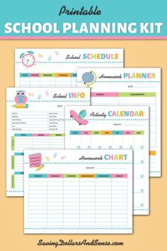 the printable school planning kit is shown in three different colors and sizes, with text that