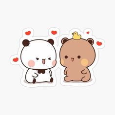 two cartoon bears with hearts on their backs and one is holding the other's hand