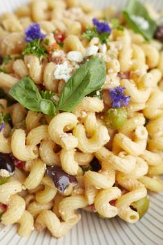 pasta with olives, cheese and herbs on a plate