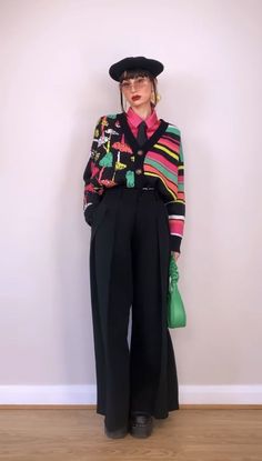 Artistic Formal Outfit, Art Interview Outfit, Funky Casual Work Outfits, Fall Maximalism Outfit, Game Show Outfits, Art Critic Outfit, Art Gallery Style Fashion, Colorful Rock Outfit, Moody Maximalist Outfit