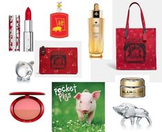 various items that include lipstick, perfume bottle and piggy bank bag are arranged on a white background