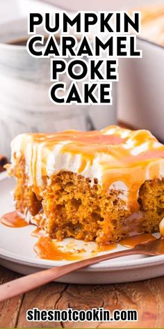 pumpkin caramel poke cake on a white plate