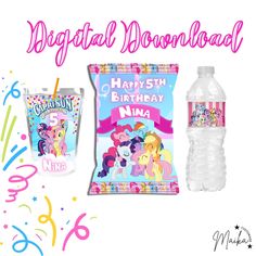 an image of a birthday card and water bottle with the words happy birthday to my little pony