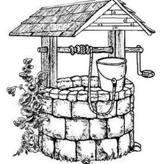 an old fashioned water well with a bucket and hose attached to it, vintage line drawing or engraving illustration