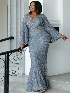 Mermaid / Trumpet Wedding Guest Dresses Plus Size Dress Cocktail Party Floor Length Long Sleeve Scoop Neck Sequined with Glitter Festive V-neck Wedding Dress, Festive V-neck Gown For Banquet, Glamorous V-neck Wedding Gown, Fitted Long Sleeve Sparkling Gown, V-neck Wedding Gown For Party Season, Fitted Sequin Fabric For Wedding And Gala, Gala Wedding Embellished Sequin Fabric, Embellished Sequin Fabric For Wedding Gala, Embellished Sequin Fabric For Wedding And Gala