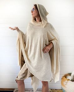 Cowl Neck Hoodie, White Hooded Poncho, White Knit Tunic, Glorka, White Hooded Cape, Off White Ceremo White Cozy Winter Poncho, Cozy Oversized White Poncho, White Bohemian Long Sleeve Poncho, Hooded White Cotton Poncho, Oversized Hooded Poncho For The Beach, Mens Kimono Shirt, Sound Baths, Poncho With Hood, White Ceremony