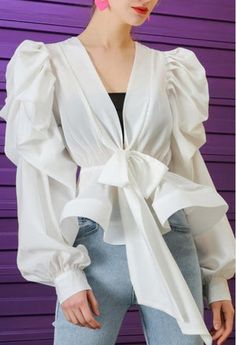 Wide Puff sleeve blouse | Comfywearboutique Bubble Sleeve, Cardigan Outfits, Peplum Blouse, Style Cardigan, Front Tie Top, Chiffon Fabric, Black Cardigan, Waist Tie, Black Blouse