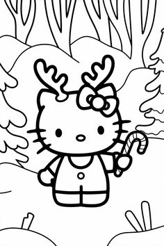 the hello kitty coloring page is in black and white, with an image of a deer