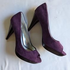 Style & Co Purple Suede Heels 4" Heels Open Toe Size 8m New In Original Box Purple Kitten Heels, Dark Purple Shoes, Quince Heels, Dark Purple Heels, Purple Quince, Purple Heels, Classy Shoes, Purple Shoes, Purple Suede