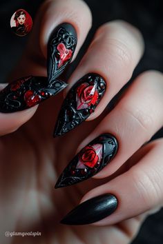 Dive into the enchanting world of gothic romance with our stunning Valentine's Day Nails! From deep blacks to sultry roses, these edgy designs will have you turning heads. Perfect for the fearless women who want to make a statement of love with their fingertips. Click now for a dose of dark magic! 👇 #GothicValentines #NailEnvy Alt Wedding Nails, Gothic Valentines Nails, Dark Valentines Day Nails, Goth Nail Art, Goth Goddess, Boss Nails, Burgundy Acrylic, Burgundy Acrylic Nails, Sharp Claws