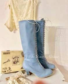 Vintage Lace-up Party Boots, Vintage Closed Toe Boots For Party, Blue Lace-up Formal Boots, Low Heel Fitted Wedding Boots, Fitted Low Heel Wedding Boots, Leather High Heel Boots For Wedding, Leather High Heel Wedding Boots, Fitted Lace-up Wedding Boots, Winter Wedding Boots With Round Toe