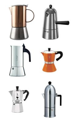 four different types of coffee makers on a white background, one is silver and the other is orange