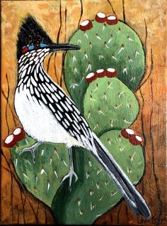 a painting of a bird sitting on top of a cactus