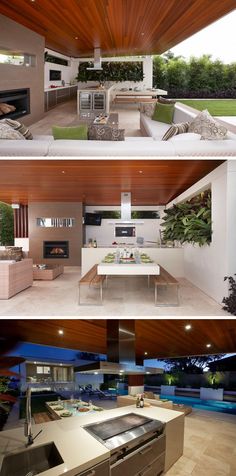 two pictures of an outdoor kitchen and living room in the same house with wood ceilinging