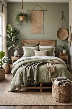 a bed sitting in a bedroom next to a window with potted plants on it