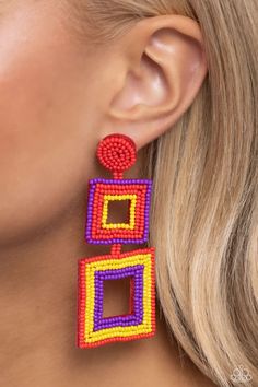 Rows of dainty red, yellow, and purple seed beads adorn the front of a layered square frame at the bottom of a matching rounded bead fitting, creating a blissfully beaded look. Earring attaches to a standard post fitting. Sold as one pair of post earrings. Bohemian Square Multicolor Jewelry, Multicolor Square Beaded Jewelry, Red Vibrant Summer Jewelry, Multicolor Beaded Rectangular Jewelry, Vibrant Red Beaded Earrings, Multicolor Rectangular Jewelry For Summer, Yellow Rectangular Beaded Jewelry, Multicolor Rectangular Beaded Earrings As Gift, Vibrant Red Jewelry With Colorful Beads