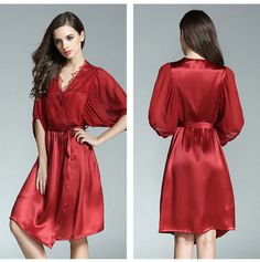 Ribbon Lace Silk Nightgown Robe Two - piece Set - SILKSER Red V-neck Nightgown For Sleep, Red V-neck Nightgown For Wedding Night, Red V-neck Nightgown, Red Satin Nightgown For Summer, Summer V-neck Night Robe, Summer Night V-neck Robe, Red V-neck Nightgown For Summer, Red V-neck Summer Nightgown, Red Satin Dress For Loungewear