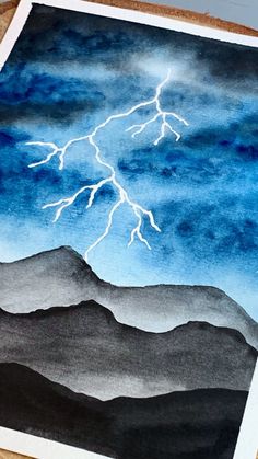 a watercolor painting of a lightning bolt in the night sky over a mountain range