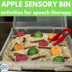 an apple sensory bin is filled with activities for speech therapy