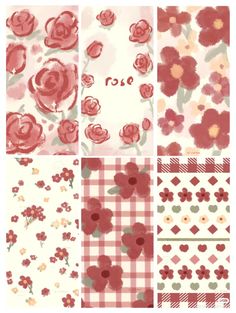 four different patterns with red flowers and checkered tablecloths on them, one in the