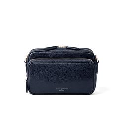 Reporter East-West Navy Leather Messenger Bag | Aspinal Formal Crossbody Shoulder Bag With Pebbled Texture, Classic Satchel With Pebbled Texture For Everyday Use, Classic Formal Shoulder Bag With Pebbled Texture, Classic Rectangular Shoulder Bag With Pebbled Texture, Luxury Formal Bags With Pebbled Texture, Classic Rectangular Pebbled Shoulder Bag, Classic Rectangular Pebbled Texture Shoulder Bag, Classic Pebbled Crossbody Shoulder Bag, Classic Crossbody Shoulder Bag With Pebbled Texture