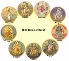 nine forms of duraga in the middle of a circle with seven main deities