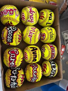 a box filled with yellow softballs sitting on top of a table