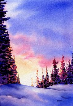 watercolor painting of trees in the snow at sunset with pink and blue sky behind them