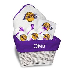 Personalized Los Angeles Lakers Medium Basket - 6 Items - Designs by Chad & Jake Los Angeles Lakers Logo, Personalized Burp Cloth, Lakers Logo, Willow Basket, White Willow, Basketball Star, Baby Gift Basket, Gifts For New Parents, Hooded Towel