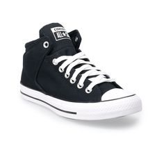 Go for classic style with a unique touch when you wear these High Street sneakers from Converse.SHOE FEATURES Padded tongue & collar High top silhouette Heel patch    SHOE CONSTRUCTION Canvas upper & lining Textile lining Rubber outsole   SHOE DETAILS  Round toe Lace-up closure Padded footbed   Size: 10. Color: Black. Gender: male. Age Group: adult. Converse Shoes Men, White Converse Shoes, Black And White Converse, Kd Sneakers, Men's High Top Sneakers, Street Sneakers, Cute Nikes, Formal Shoes For Men, Wedge Sneakers