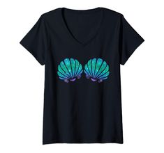 two seashells with blue and green colors on the back of a black v - neck