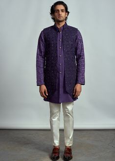 Arjun Kilachand-Purple Open Long Bundi Set-INDIASPOPUP.COM Kurta Neckline, Formals For Men, Sleeveless Kurta, Mens Kurta Designs, Mens Kurta, Wedding Dress Men, Indian Heritage, Indian Clothes, Carnival Costumes