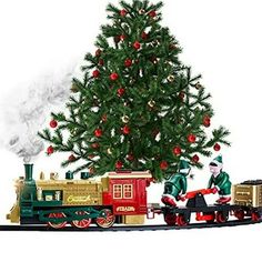 a christmas tree and train with santa clause on it