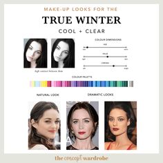 True Winter Examples, True Winter Makeup Palette, Cool Winter Celebrities, Winter Personal Color, Winter Makeup Natural, Clear Winter Palette