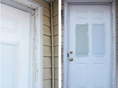 two pictures of a white door and the same one with paint chipping on it