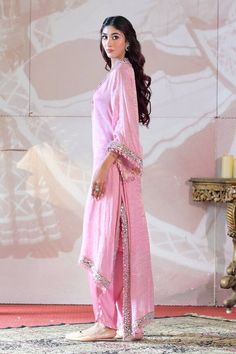 Pink kaftan high low kaftan kurta with mirror embroidery and tassel details. Paired with an inner and dhoti pant. - Aza Fashions Pink Kaftan, Kaftan Kurta, Pink Kurta, Kurta Patterns, Mirror Embroidery, Eid Party, Dhoti Pants, Cocktail Reception, Luxury Sale