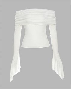 Details: Off-shouder top with flare sleeves designTop Length: Normal Sleeve Length: Long Sleeves Materials: 95% Polyester + 5% Spandex Long Sleeve Bell Sleeve Top, White Stretch Long Sleeve Top For Summer, Stretch Cold Shoulder Tops For Spring, Spring Stretch Cold Shoulder Tops, High Stretch Off-shoulder Summer Tops, Fall Stretch Tops With Bell Sleeves, Stretch Bell Sleeve Tops For Fall, Stretch Off-shoulder Long Sleeve Top For Summer, Summer Stretch Off-shoulder Long Sleeve Top