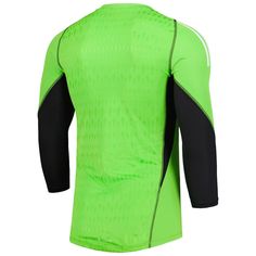 the back of a neon green jersey with black and white details