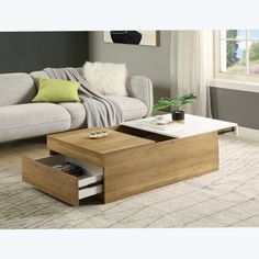 a living room with a couch, coffee table and rug in front of the window