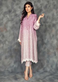 Lavender pure cotton net shaded shirt handworked with sequins and beads all over. Comes with matching pure viscose silk pants Net Pants, Organza Outfit, Lavender Ombre, Ombre Shirt, Ombre Dress, Beaded Top, Silk Pants, Yellow Fabric, White Silk